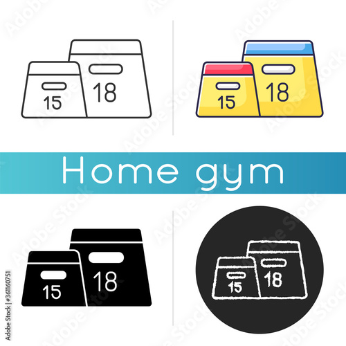 Plyometric box icon. Linear black and RGB color styles. Home gym equipment for cross training indoors. Legs muscle workout. Jumping boxes of different heights isolated vector illustrations