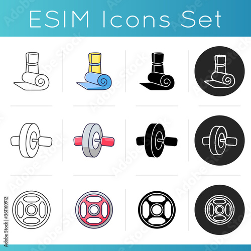 Fitness equipment icons set. Linear, black and RGB color styles. Exercise mat, ab roller and weight plate. Sport gear for indoor workout at home and in gym. Isolated vector illustrations