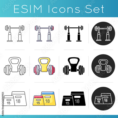 Weightlifting icons set. Linear, black and RGB color styles. Plyometric boxes, squat rack and kettlebell handle. Professional equipment for bodybuilding. Isolated vector illustrations