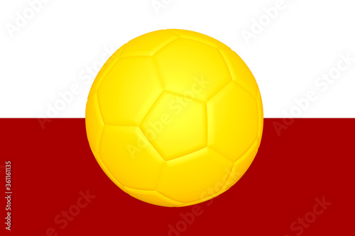 Golden soccer ball on the background of the national flag of Poland. 3d illustration