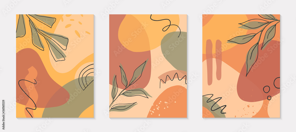 Set of artistic modern vector illustrations with organic shapes,leaves,graphic elements.Terracotta art prints.Trendy contemporary design perfect for banners templates;social media,invitations;covers.