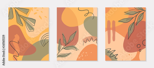 Set of artistic modern vector illustrations with organic shapes leaves graphic elements.Terracotta art prints.Trendy contemporary design perfect for banners templates social media invitations covers.