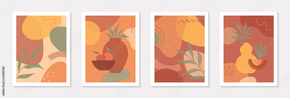 Bundle of art modern vector illustrations with vase,leaves,organic shapes and elements.Terracotta art prints.Trendy contemporary design perfect for  banners templates;social media,invitations;covers