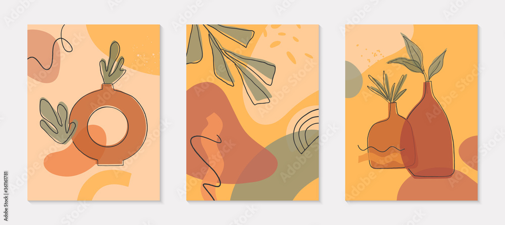 Bundle of art modern vector illustrations with vase,leaves,organic shapes and elements.Terracotta art prints.Trendy contemporary design perfect for  banners templates;social media,invitations;covers