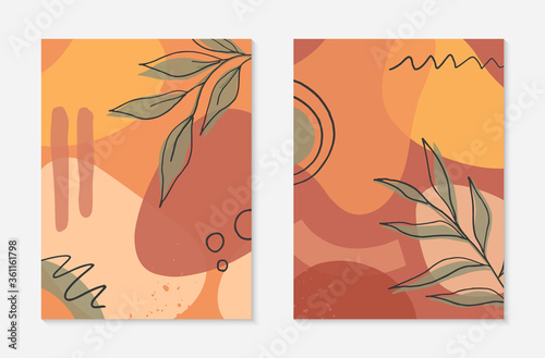Set of artistic modern vector illustrations with organic shapes,leaves,graphic elements.Terracotta art print.Trendy contemporary design perfect for banners templates;social media,invitations;covers.