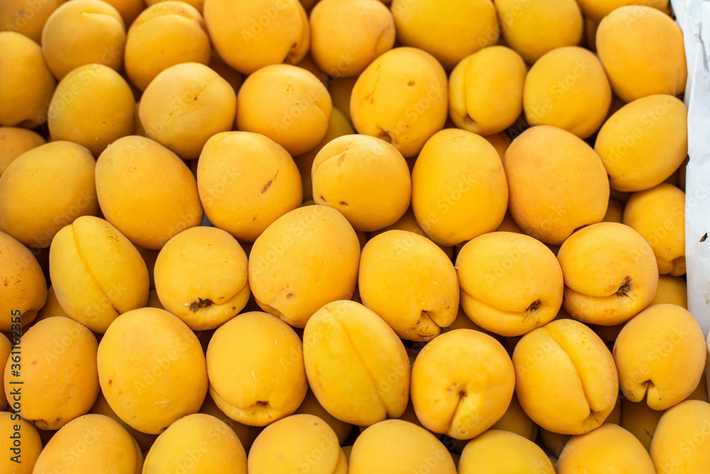 Beautiful picture with a lot of big, fresh, yellow apricot sold on the market. Beautiful picture with a lot of big, fresh, yellow apricot sold on the market.