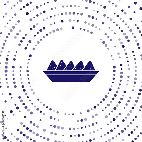 Blue Nachos in plate icon isolated on white background. Tortilla chips or nachos tortillas. Traditional mexican fast food menu. Abstract circle random dots. Vector Illustration.