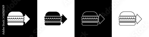 Set Online ordering and burger delivery icon isolated on black and white background. Vector Illustration.