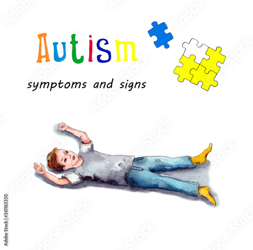 Watercolor illustration of the behavior of children with autism. tantrums, loneliness, illogical behavior.World autism awareness day.isolated on a white background.