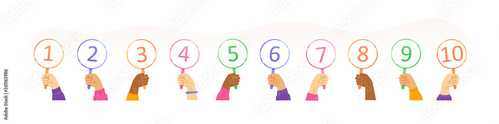 Tournament or contest concept. Votes of judges. Collection of hands holding round cards with amount of scores got in competition. Numbers on banner signs. Isolated modern vector illustration set Tournament or contest concept. Votes of judges. Collection of hands holding round cards with amount of scores got in competition. Numbers on banner signs. Isolated modern vector illustration set