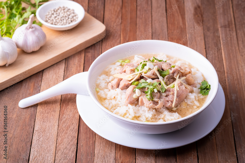 Thai boiled rice with Chicken for breakfast Thai boiled rice with Chicken for breakfast