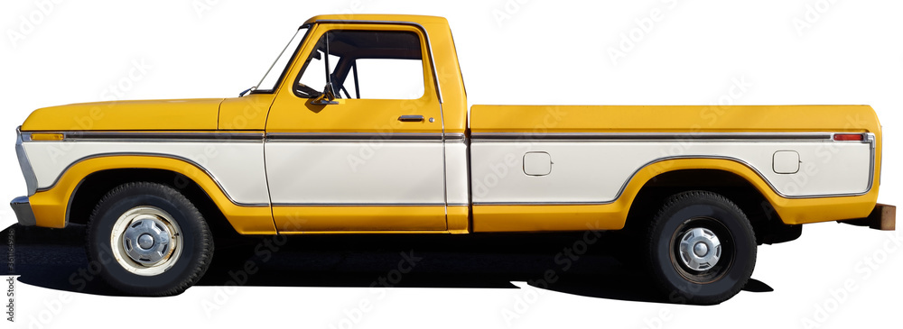 Side view of classic vintage yellow pickup truck with wide side accent. - obrazy, fototapety, plakaty 