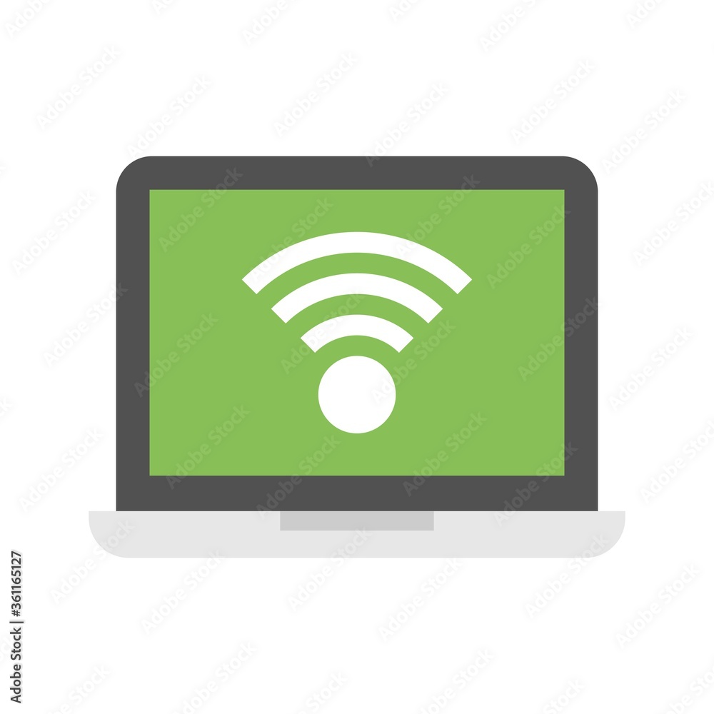 Computer with wifi signal. Laptop and wireless network. Flat icon illustration. Computer with wifi signal. Laptop and wireless network. Flat icon illustration.