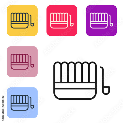 Black line Sauna bucket and ladle icon isolated on white background. Set icons in color square buttons. Vector Illustration.