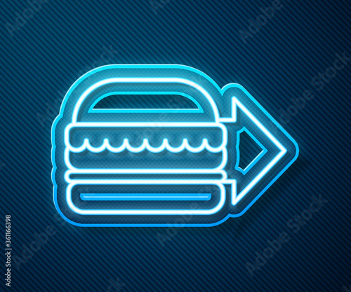 Glowing neon line Online ordering and burger delivery icon isolated on blue background. Vector Illustration.