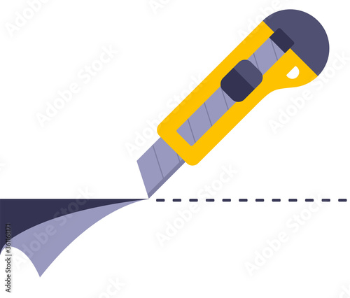 cut the paper with a yellow clerical knife. flat vector illustration.
