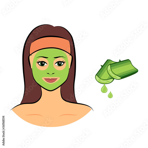 Cartoon character girl with a green herbal aloe vera cosmetic mask on her face isolated on a white background vector illustration.