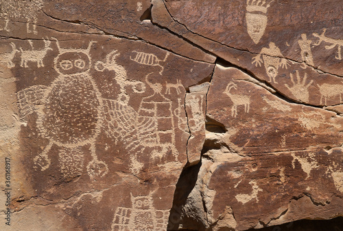 Native American Indian rock art petroglyph hands owl Utah 1408. Nine Mile Canyon, Utah. World’s longest art gallery of ancient native American, Indian rock art, hieroglyphs, pictographs.