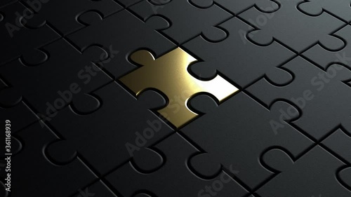3d background animation of puzzle black pieces background texture with a golden metallic one coming in place in the center. concept for leadership