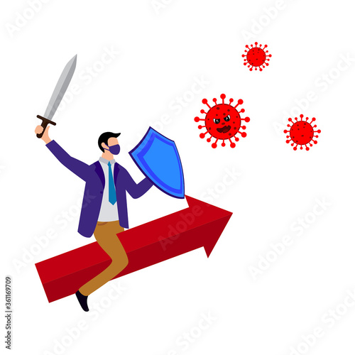 Businessman is sitting on the arrow and holding the shield and sword against corona virus covid-19. Small business fights against pandemic. Vector illustration.