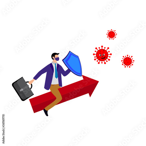 Businessman is sitting on the arrow and holding the shield against corona virus covid-19. Small business fights against pandemic. Vector illustration.