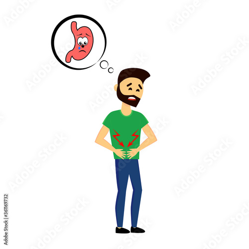 Cartoon man character suffers painful abdomen injury and holds painful area with hands. Stomach pain. Vector illustration.
