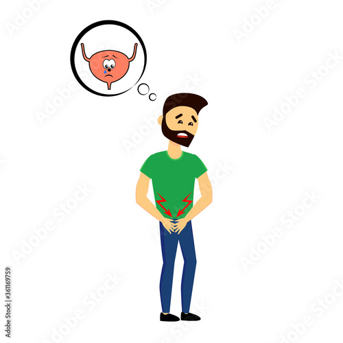 Cartoon man character suffers painful injury and holds painful area with hands. Urinary bladder pain. Vector illustration.