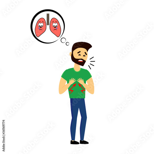 Cartoon man character suffers painful injury and holds painful area with hands. Lugs pain. Vector illustration.