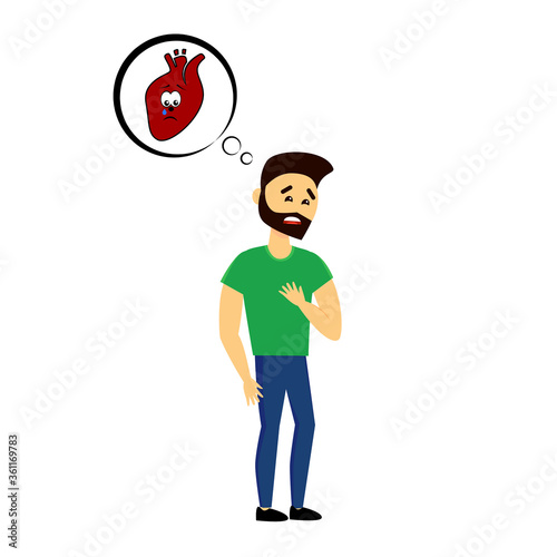 Cartoon man character suffers painful injury and holds painful area with hands. Heart pain. Vector illustration.
