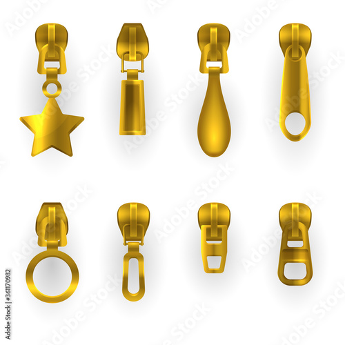 Zipper pullers, golden zip hasps, different shapes