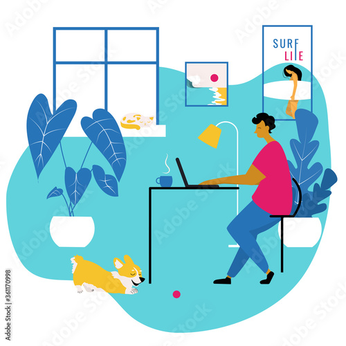 Home Office. Modern flat vector concept digital illustration home office, a freelancer guy working at home