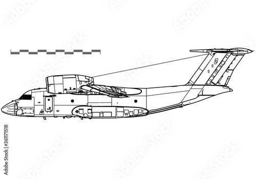 Antonov An-72 Coaler. Vector drawing of transport aircraft. Image for illustration and infographics.
