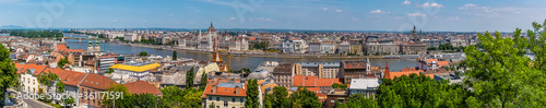 A panorama view of Buda and Pest districts in Budapest from the Fisherman's Bastion in the summertime