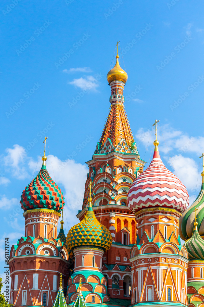 View of Saint Basil's Cathedral (or Cathedral of Vasily the Blessed) on Red Square on a summer morning in Moscow, Russia. Theme of travel in Russia.