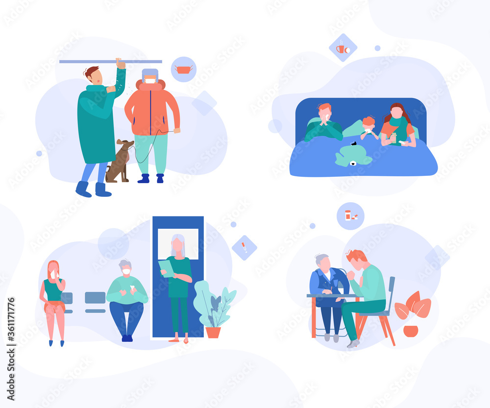 Set of people having cold, family in bed, vaccination line, reception at the doctor, a man sneezing Set of people having cold, family in bed, vaccination line, reception at the doctor, a man sneezing