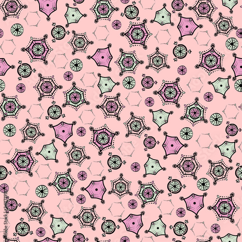 Romantic abstraction. Seamless pattern with various pink and blue elements on a pink background. Geometrical and manual details are scattered randomly. Vector for textiles, fashion prints, clothes