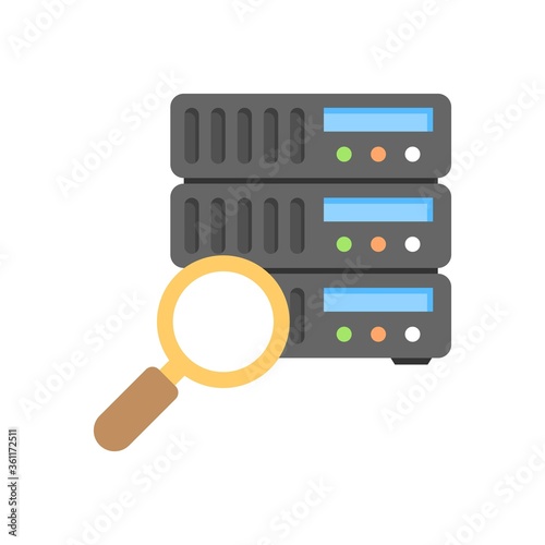 Computer sever with magnifying glass icon. Database analytics sign.