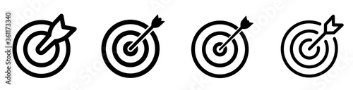 Target icons set. Targets collection. Simple icon archery target with arrows. Perfect shot with arrow. Line and flat style - stock vector.