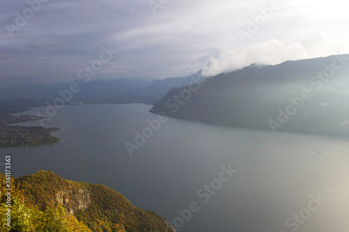 panoramic view of lake Bourget in the alps mountains in autumn season 