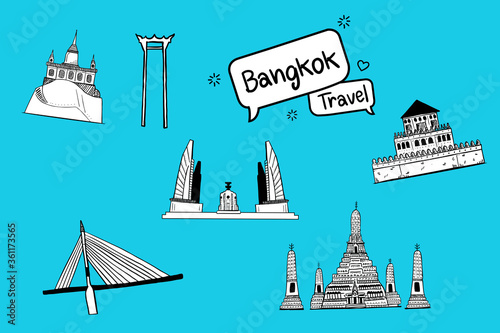 Hand drawn doodle. Thailand with attractions, landmarks. Bright color background