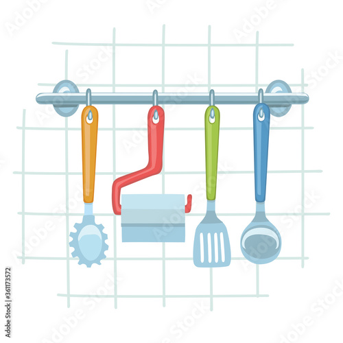 Illustration of kitchen tools on a hanger