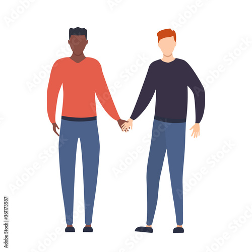 Homosexual LGBT gays. Two young multicultural boys holding hands together in love. Homosexual relationship vector illustration isolated on white. © Віталій Баріда