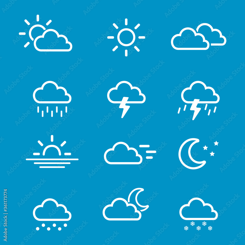 Weather icon set includes sun, cloud, snow, rain Weather icon set includes sun, cloud, snow, rain
