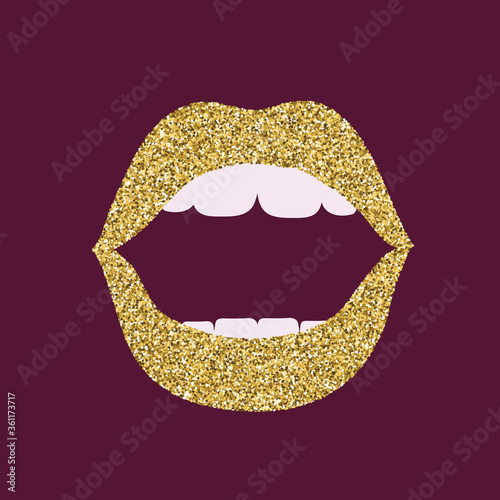 Illustration of woman open mouth with golden lips on dark background