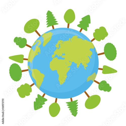 Earth and trees ecology concept vector illustration isolated on white. Earth Day card. 