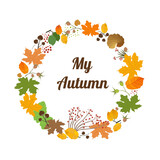 Wreath of autumn leaves. Round frame. 
Background with hand-drawn autumn leaves. Isolated items. Vector