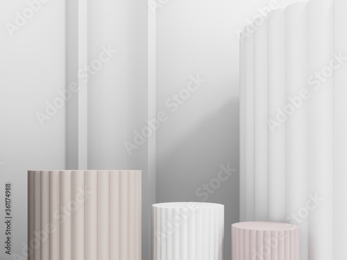 Exhibition stand  podium in the form of classic Greek pillars. 3D render illustration for advertising goods  products  museum expansions. Simple light background with classic cornice on the wall.