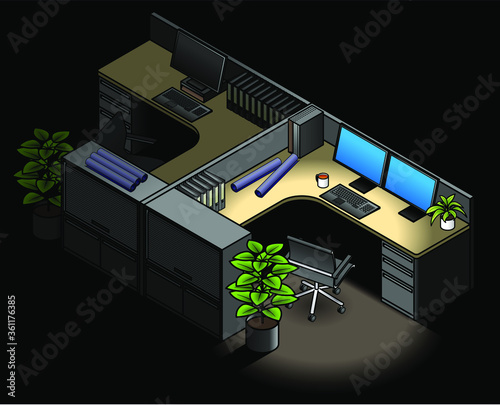 Furnished office cubicles: twin configuration with drawer units and storage cabinets. Low partitions. Shown at night.
