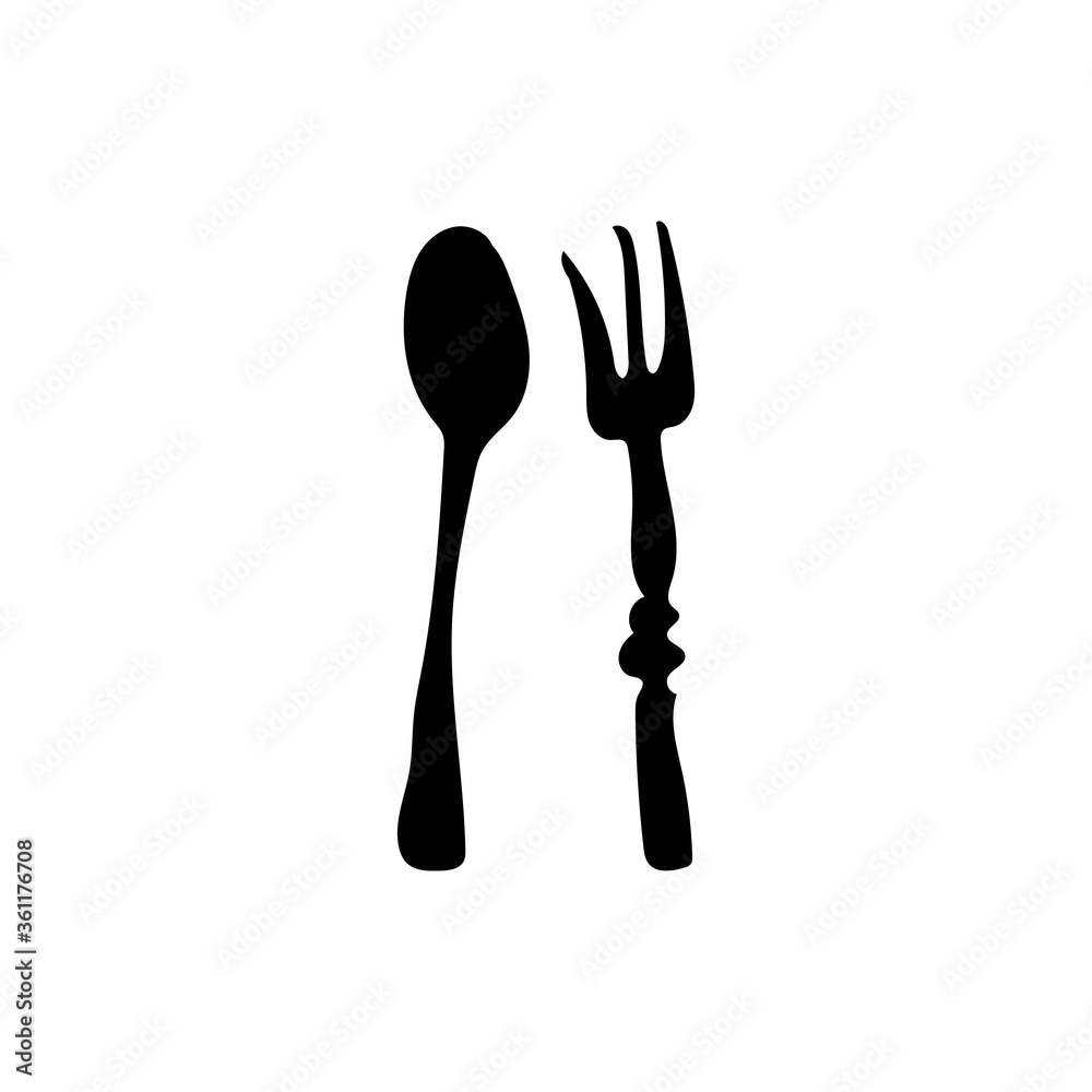 Silhouette spoon and fork for design element design on white background Silhouette spoon and fork for design element design on white background