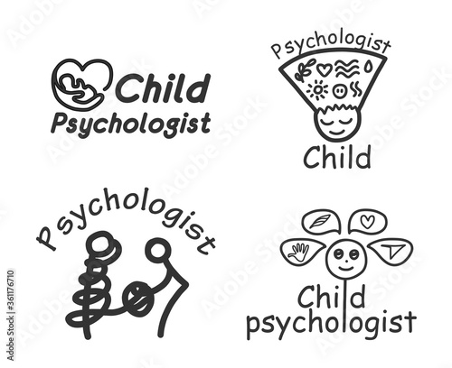 Logo. For a family, child, or online psychologist. Various spellings. Psychological help. Set of black silhouette icons symbols for psychology counseling, psychotherapy.Flat design. Vector